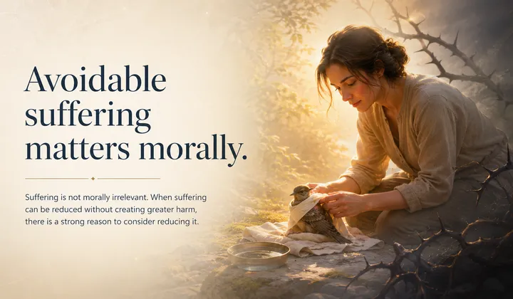 Avoidable suffering matters morally. Suffering is not morally irrelevant. When suffering can be reduced without creating greater harm, there is a strong reason to consider reducing it.