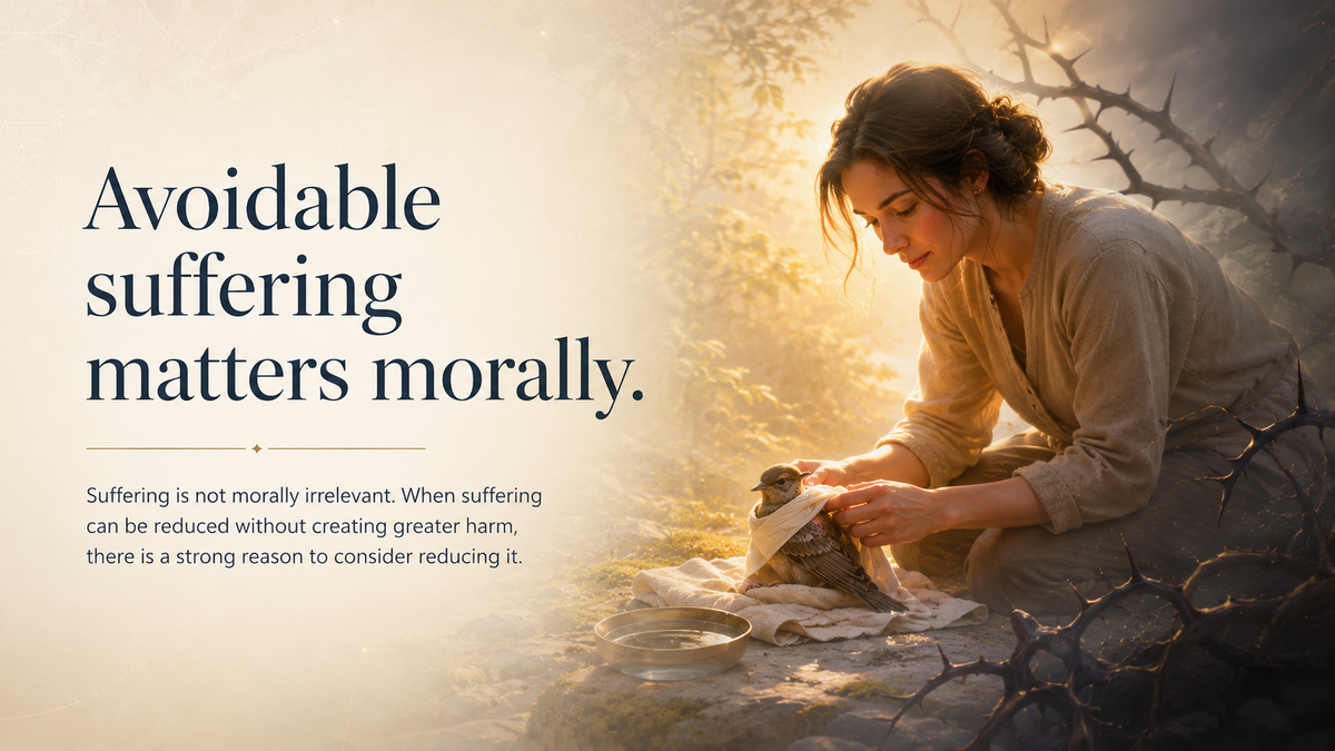 Avoidable suffering matters morally. Suffering is not morally irrelevant. When suffering can be reduced without creating greater harm, there is a strong reason to consider reducing it.